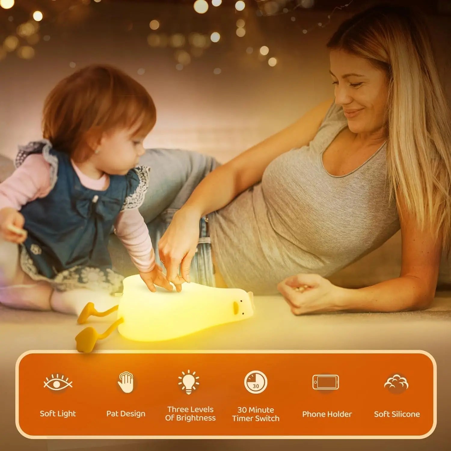 Cute Duck Night Light, 3 Brightness Levels & 30-Min Timer, Soft Silicone Phone Holder, Safe Gift for Baby, Kids, Adults